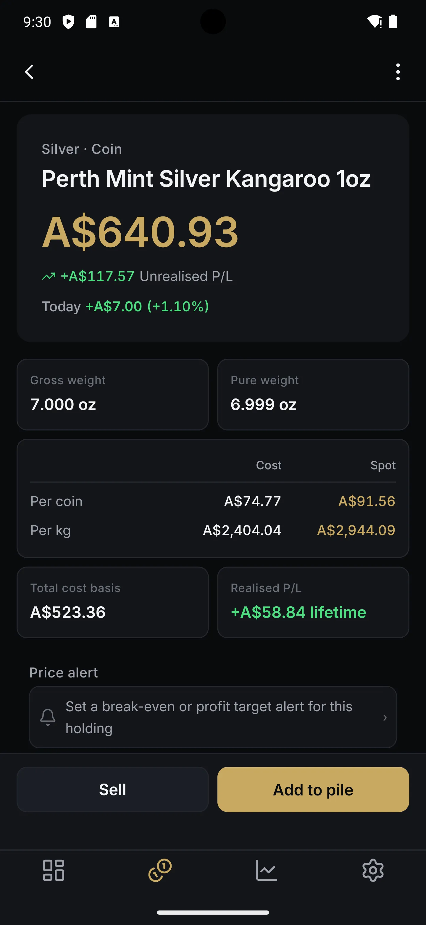 Bullio holding detail — purity-aware per-lot value, cost vs spot, and transaction history