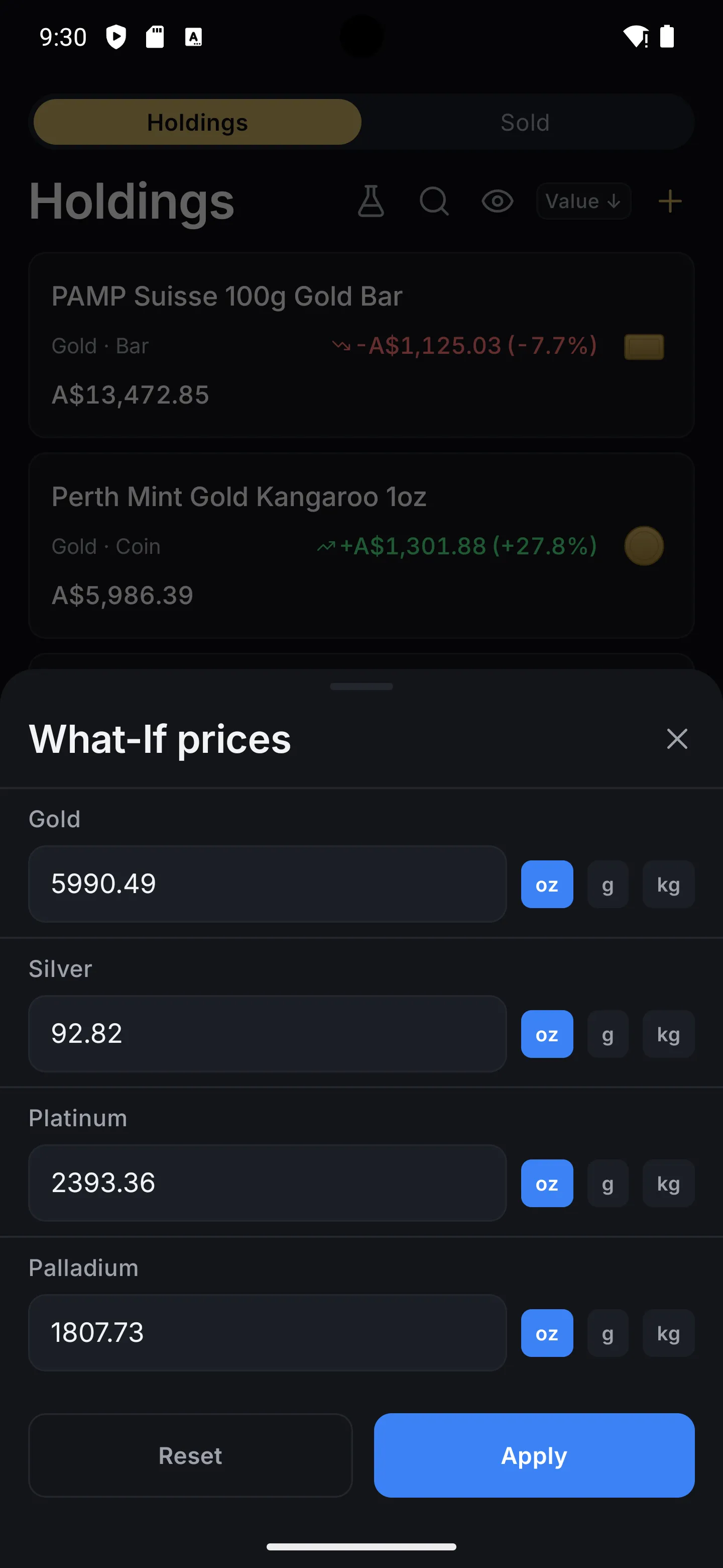 Bullio What-If — model hypothetical spot prices across the app
